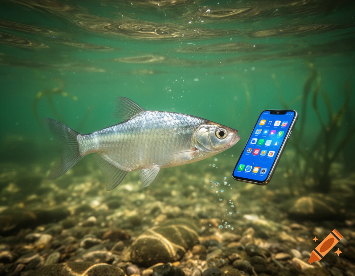 A fish swims underwater, looking at a floating smartphone with colorful app icons on its screen.