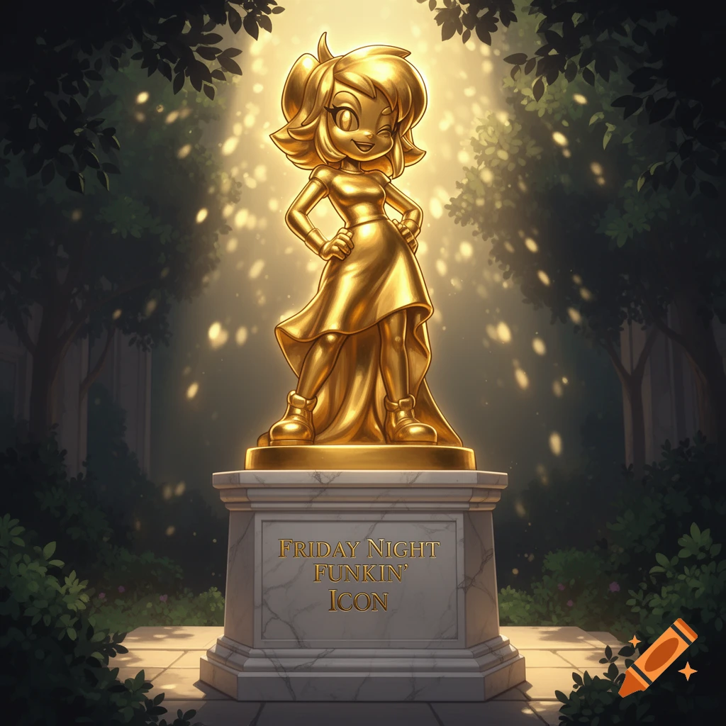 A shining golden statue of the cartoon character Girlfriend from Friday Night Funkin' stands on a marble pedestal engraved with 'FRIDAY NIGHT FUNKIN' ICON' in a park setting.