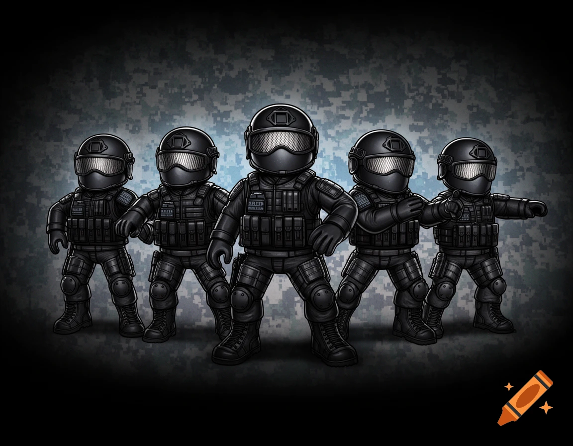 Five cartoon-style figures in black tactical gear and helmets stand against a digital camouflage background.