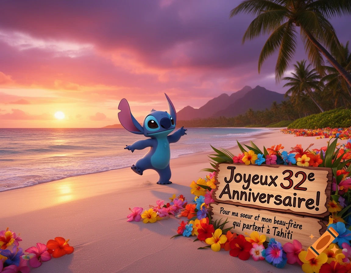 Stitch dancing on a tropical beach at sunset, with a birthday sign surrounded by colorful hibiscus flowers.