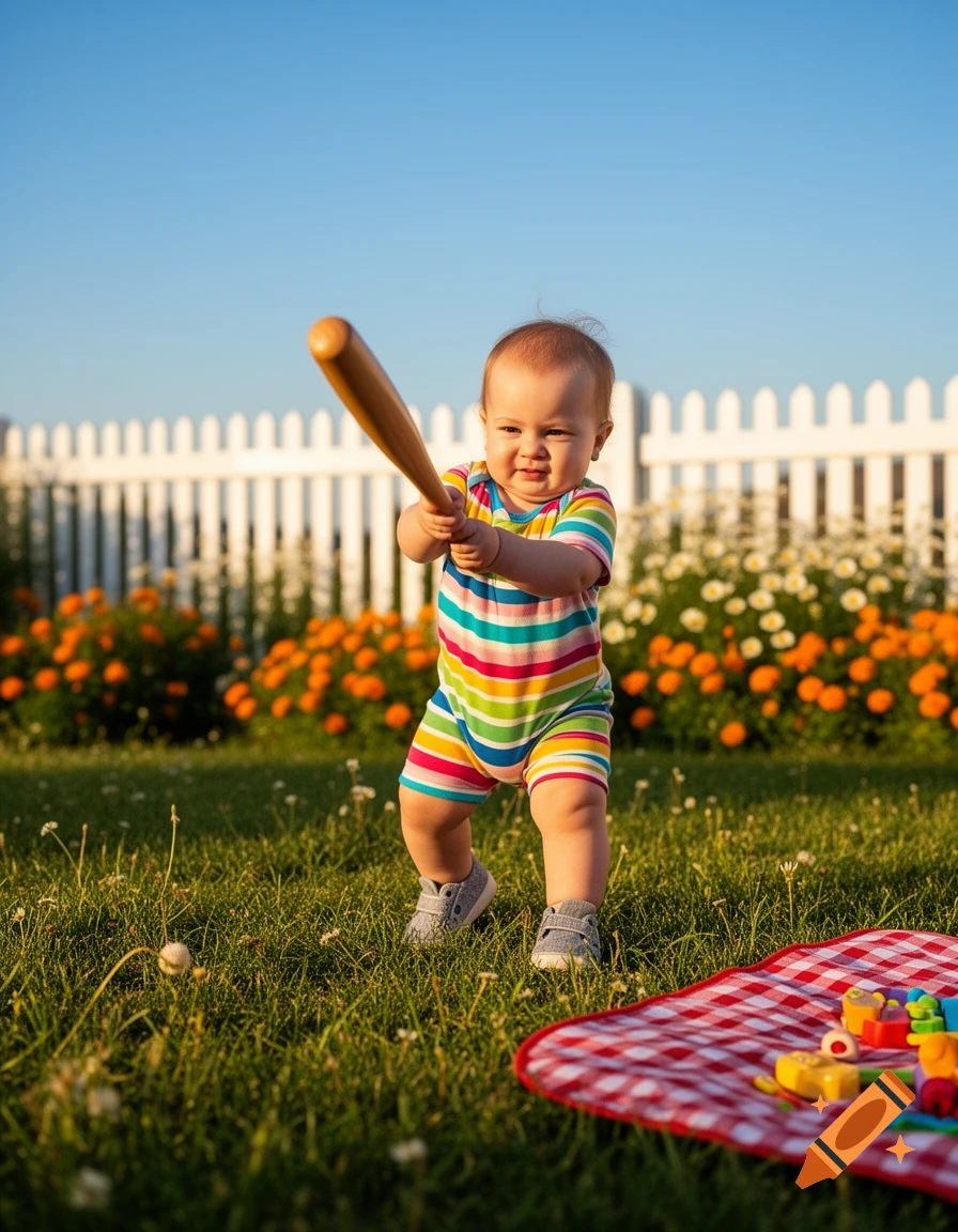 A baby in a colorful striped romper swings a wooden baseball bat in a sunny garden with a white picket fence and flowers.