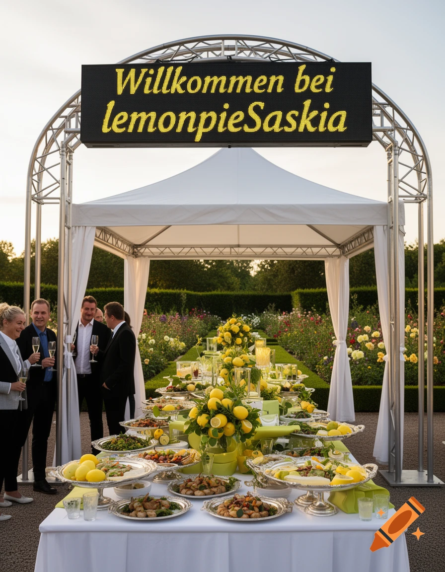 A photorealistic image of an outdoor catering event with a white tent, a long buffet table filled with lemon-themed food, and guests. A sign above reads "Willkommen bei lemonpieSaskia".