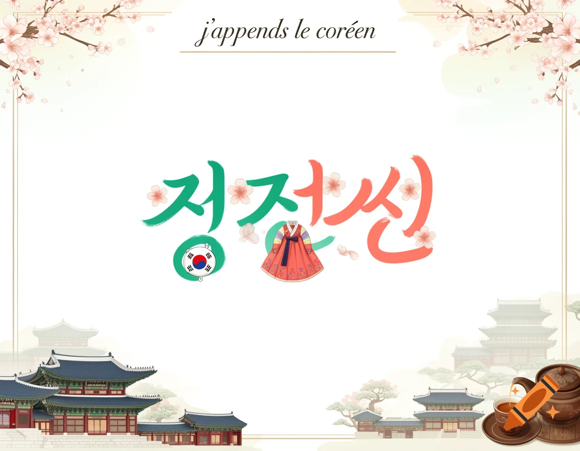 Illustrated graphic about learning Korean, featuring text 'j'apprends le coréen' and '정정신', a Hanbok, Korean flag symbol, traditional buildings, cherry blossoms, and a tea set.