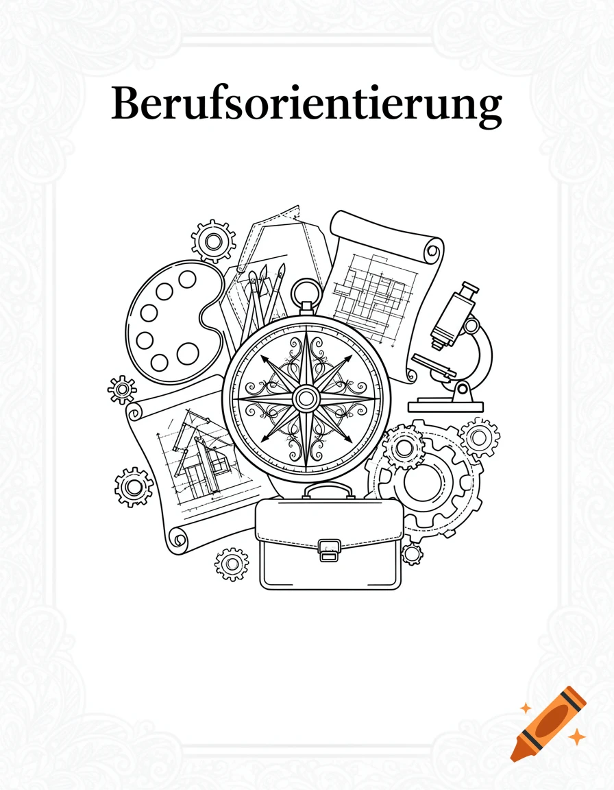 Black and white line art illustration with 'Berufsorientierung' text. Features a compass surrounded by various professional tools like a palette, blueprints, microscope, and briefcase.