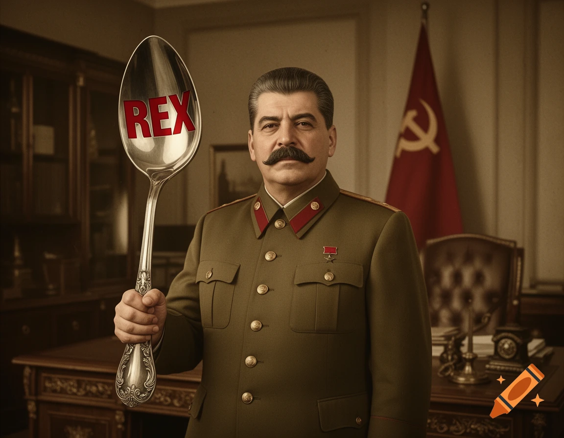 Photorealistic image of Joseph Stalin in military uniform holding a giant spoon with 'REX' written on it, a Soviet flag behind him.