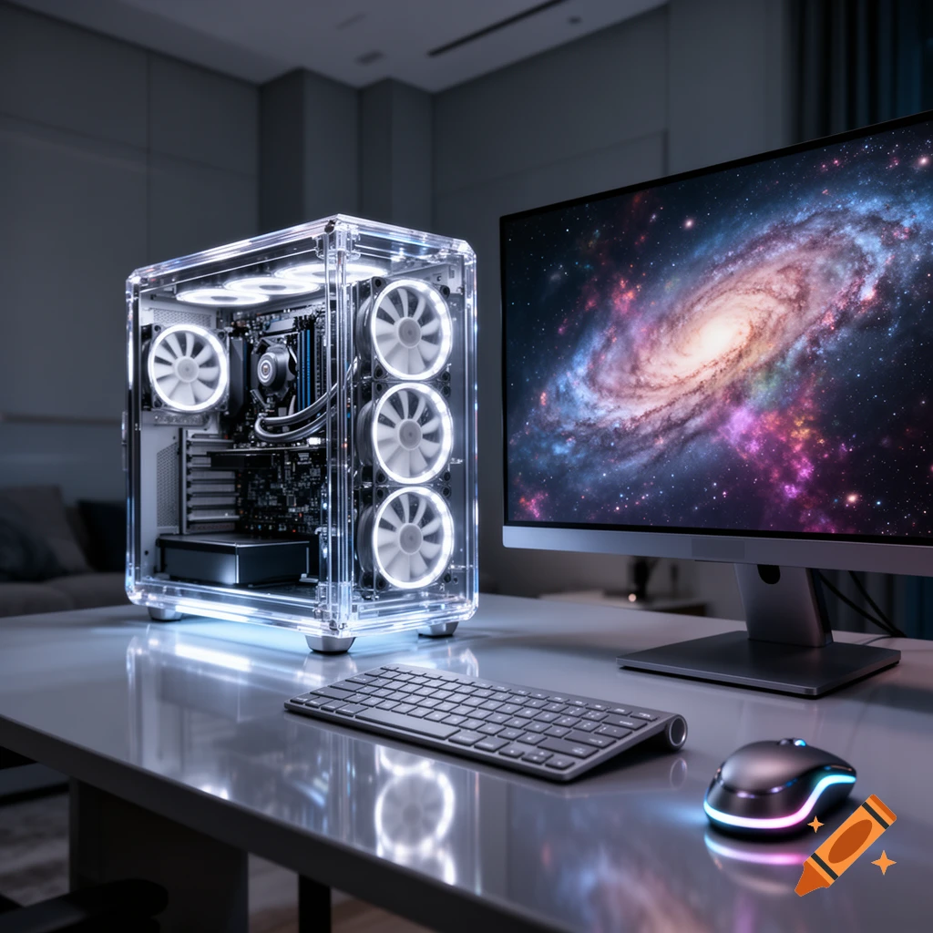 A modern transparent gaming PC with glowing white fans, a monitor displaying a galaxy, a keyboard, and an RGB mouse on a desk.
