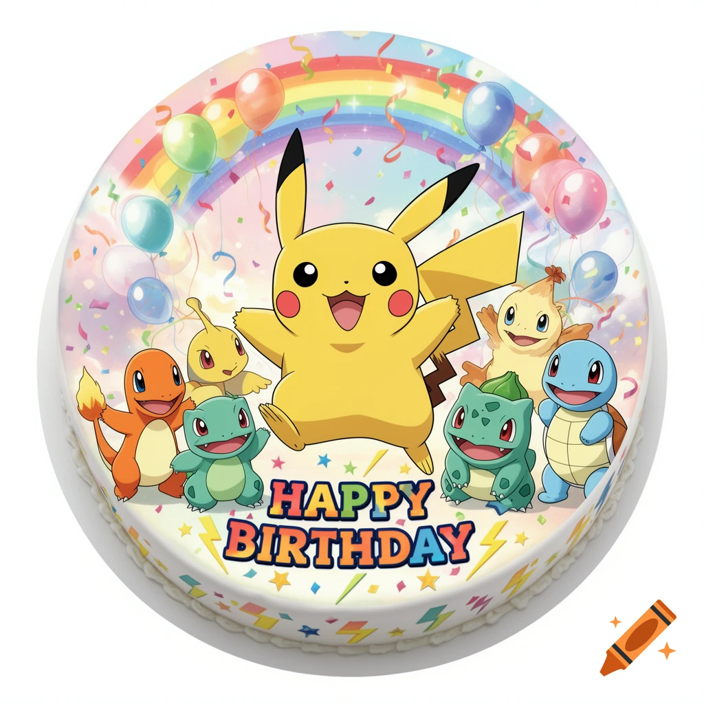 A round birthday cake decorated with Pikachu, Charmander, Squirtle, Bulbasaur, and other Pokemon, with a rainbow, balloons, and 'HAPPY BIRTHDAY' text.