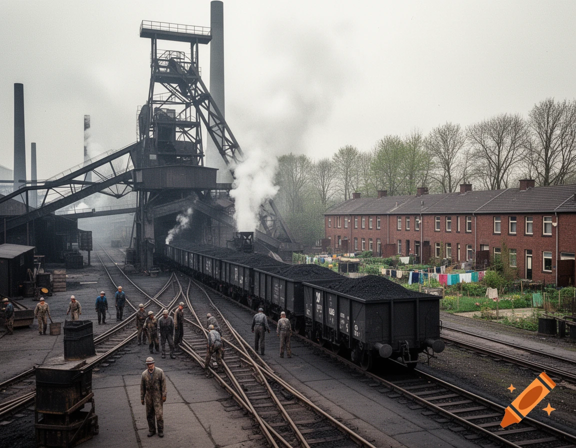 A busy coal mine scene with workers, train tracks, wagons full of coal, and large industrial structures under a cloudy sky, with residential brick houses and laundry lines in the background.