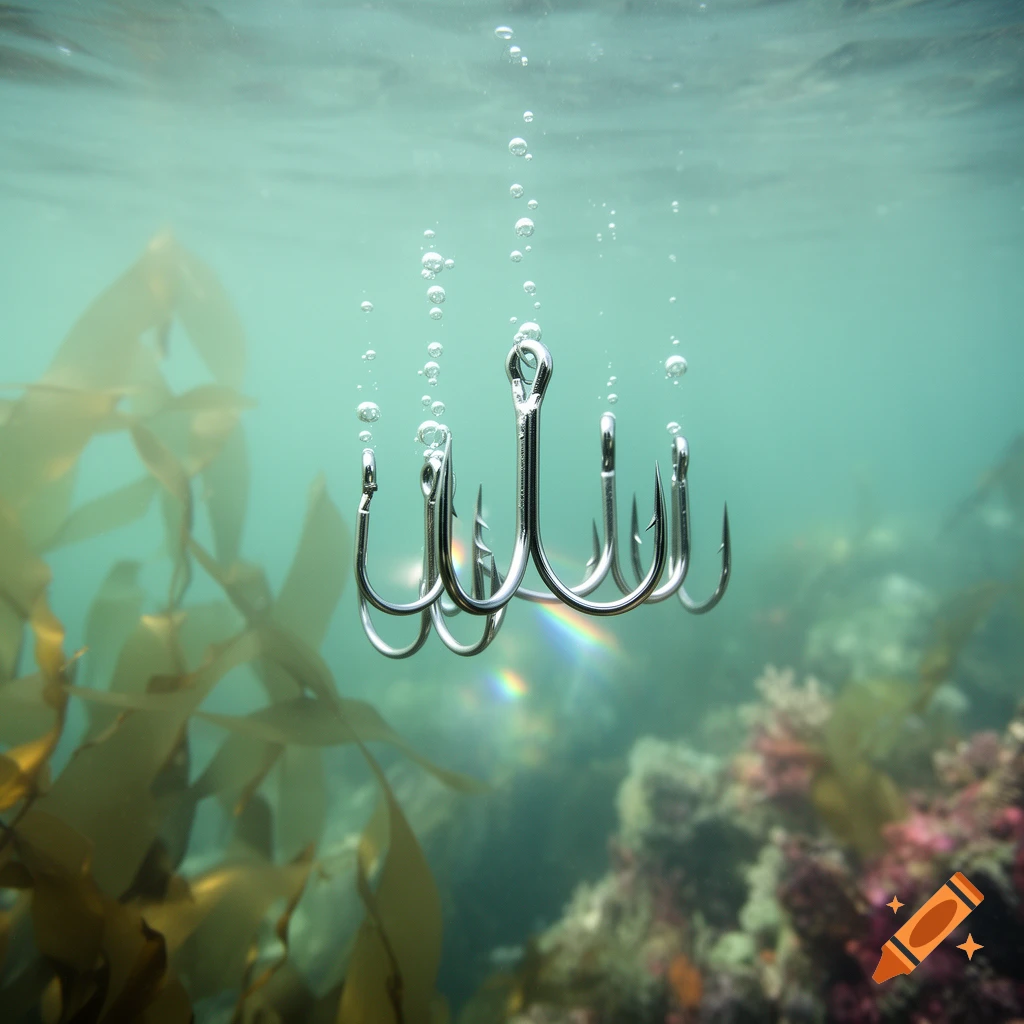 Several shiny silver fish hooks submerged underwater, with air bubbles rising, surrounded by marine plants and coral.
