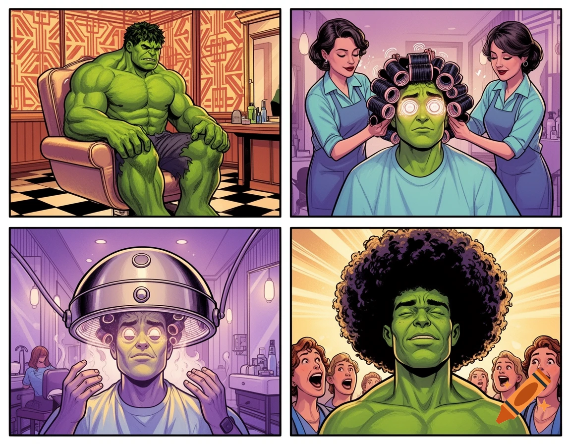 Four-panel comic: Hulk sits in a barber chair, gets curlers and glowing eyes, a hair dryer helmet, then proudly shows off a huge afro.