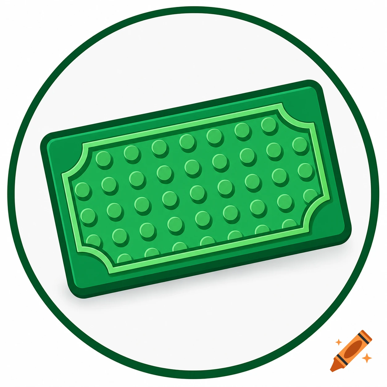 A green rectangular icon with a decorative border and a grid of circular studs, resembling a toy brick baseplate.