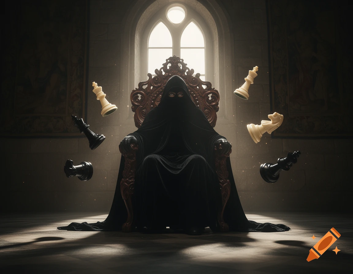 A mysterious cloaked figure sits on an ornate throne in a dimly lit, grand hall, surrounded by floating chess pieces.