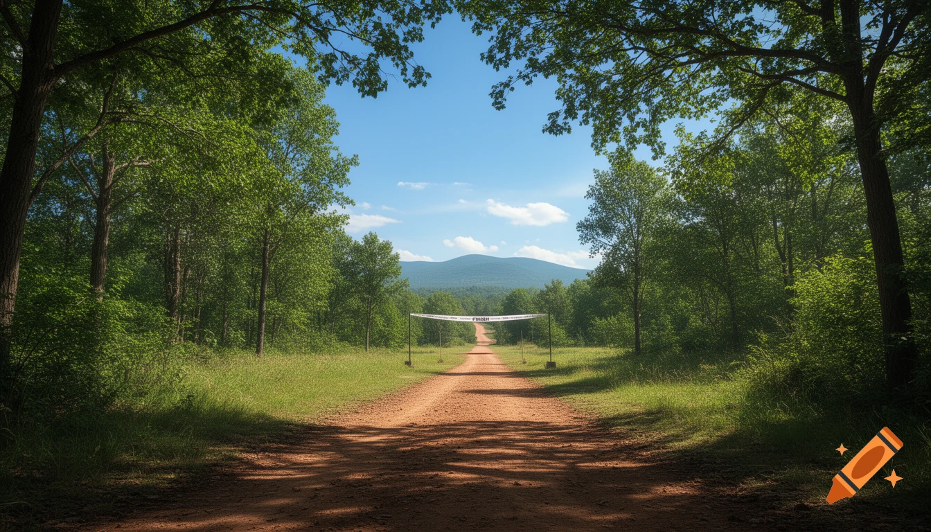 Photorealistic image of a dirt path through a green forest with a 'FINISH' banner and a distant mountain under a blue sky.
