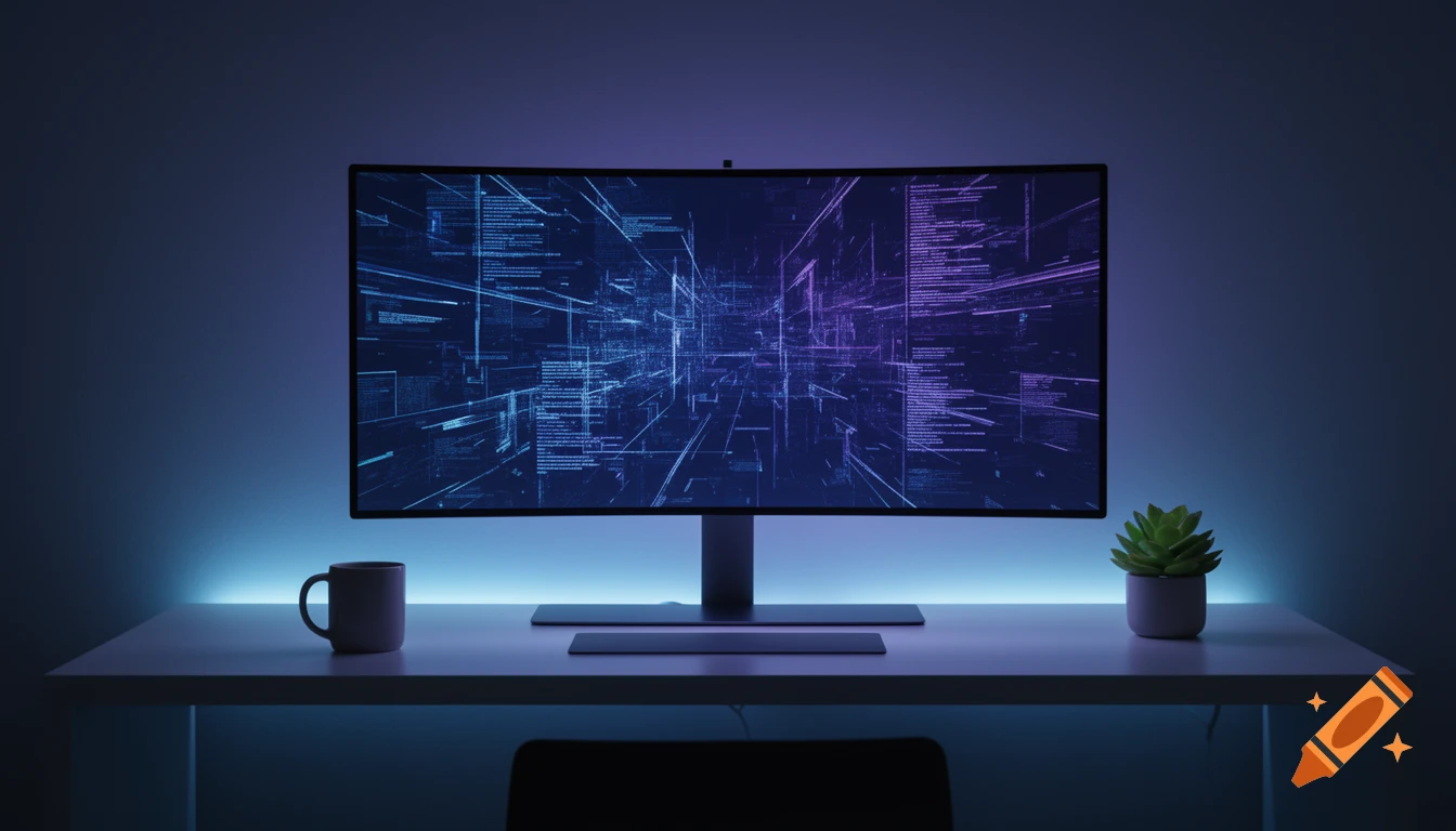 A minimalist home office desk at night with an ultra-wide monitor displaying abstract blue and purple data streams.