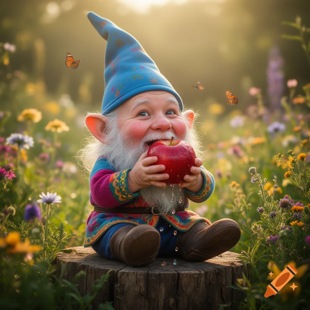 A cheerful gnome with a white beard and blue hat sits on a tree stump in a flowery meadow, happily biting a red apple.