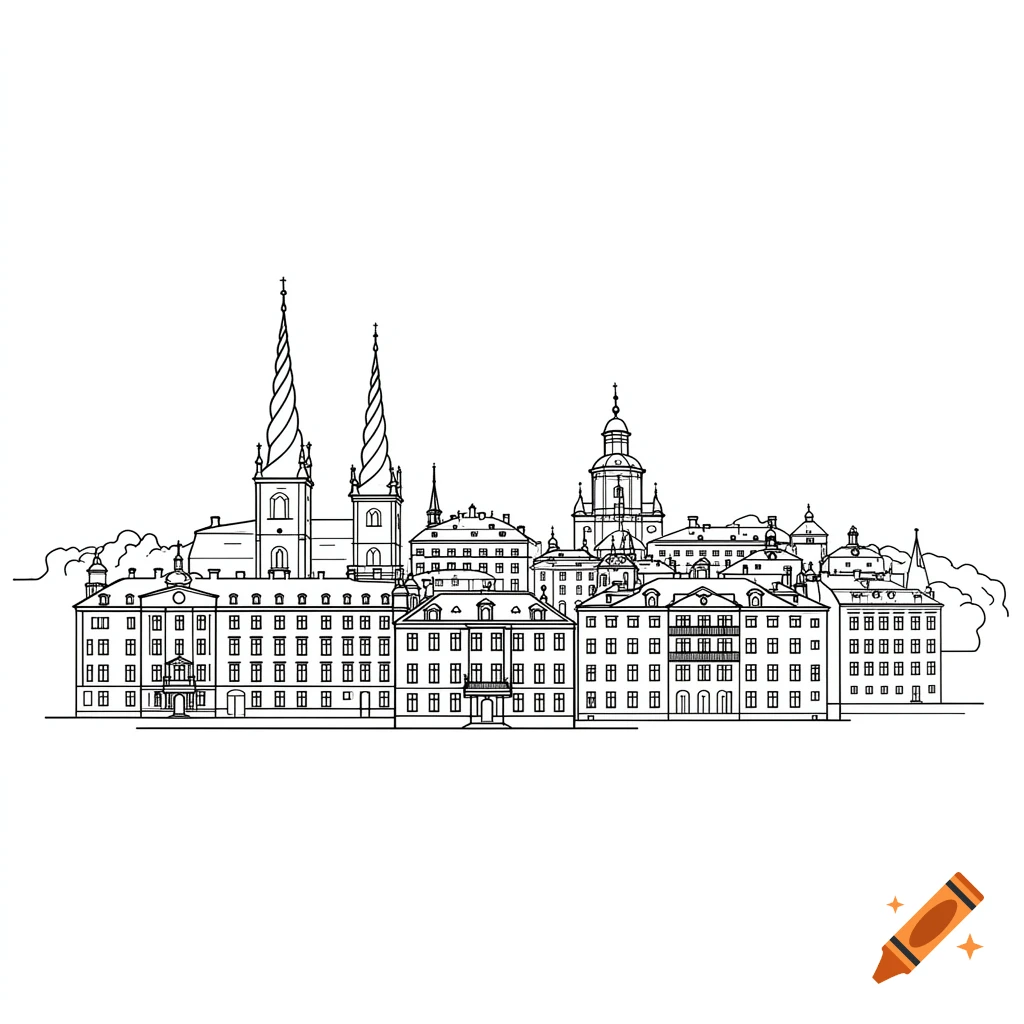 Monochrome outline drawing of the Stockholm city skyline featuring spired churches and various buildings.