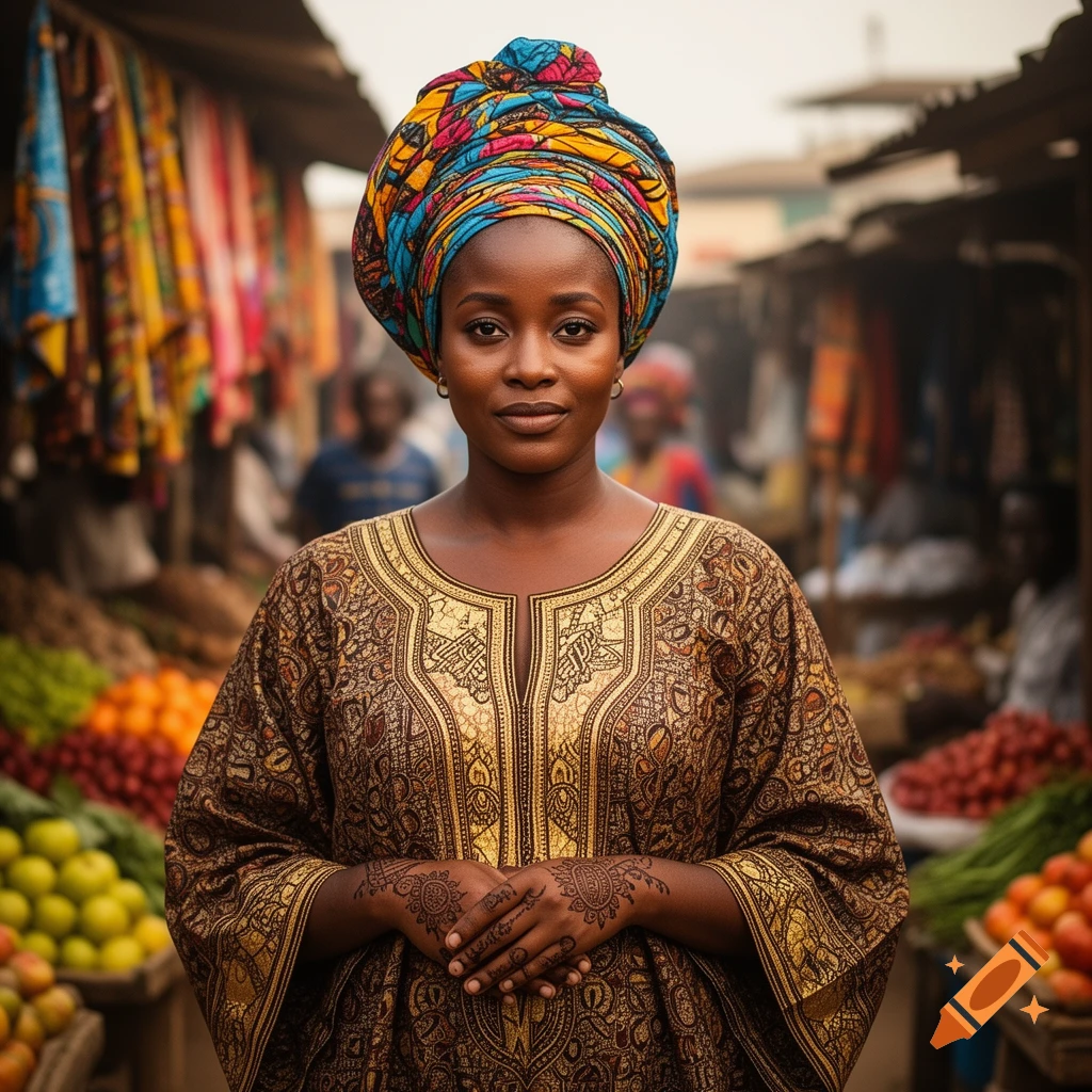 Photorealistic portrait of a Guinean woman in a vibrant headwrap and gold-patterned dress, standing in a bustling marketplace.