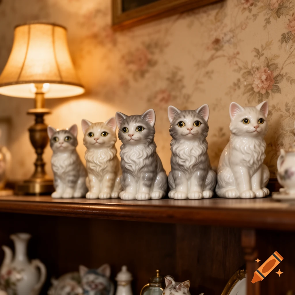 Several ceramic cat figurines, some gray tabby and some cream, sit on a wooden shelf in a warm room.