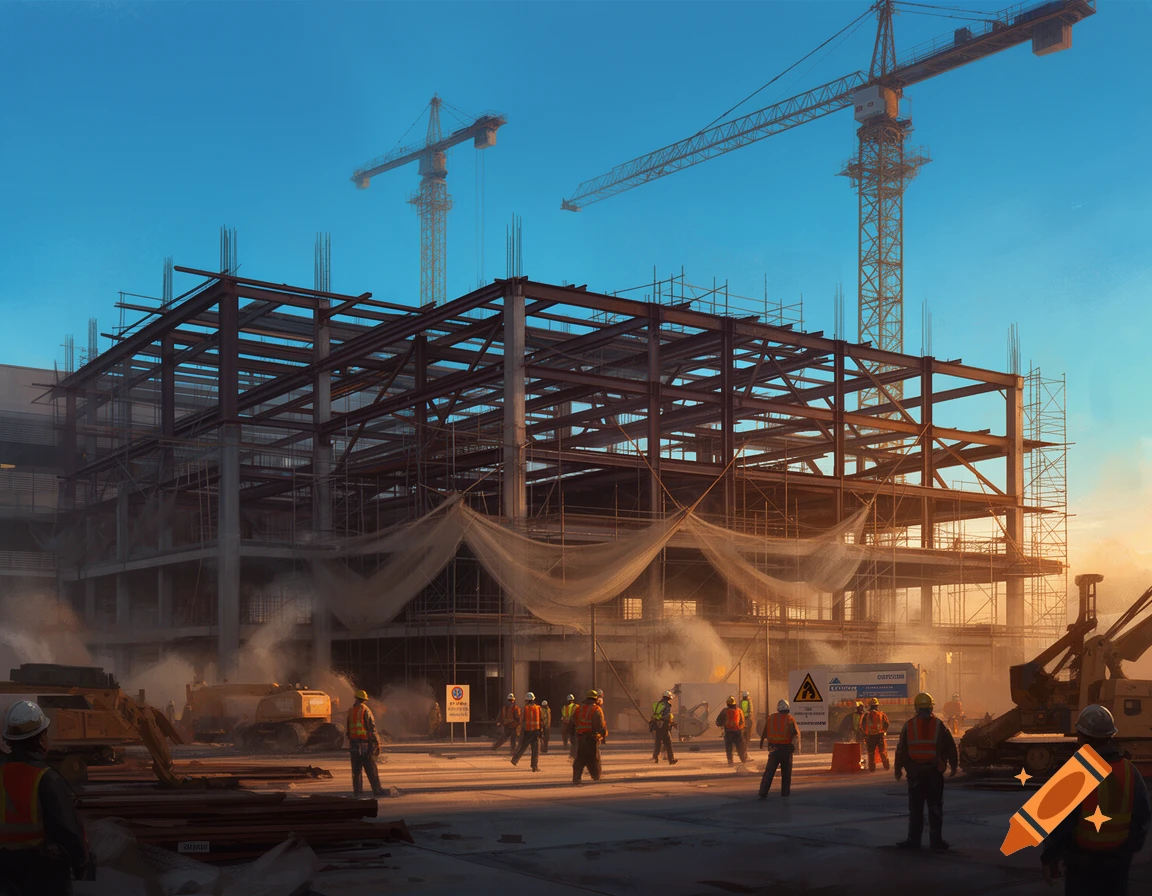 A vast construction site with a large steel framework building, scaffolding, and two towering cranes against a bright blue sky. Numerous workers in hard hats and safety vests are on the ground among construction equipment.