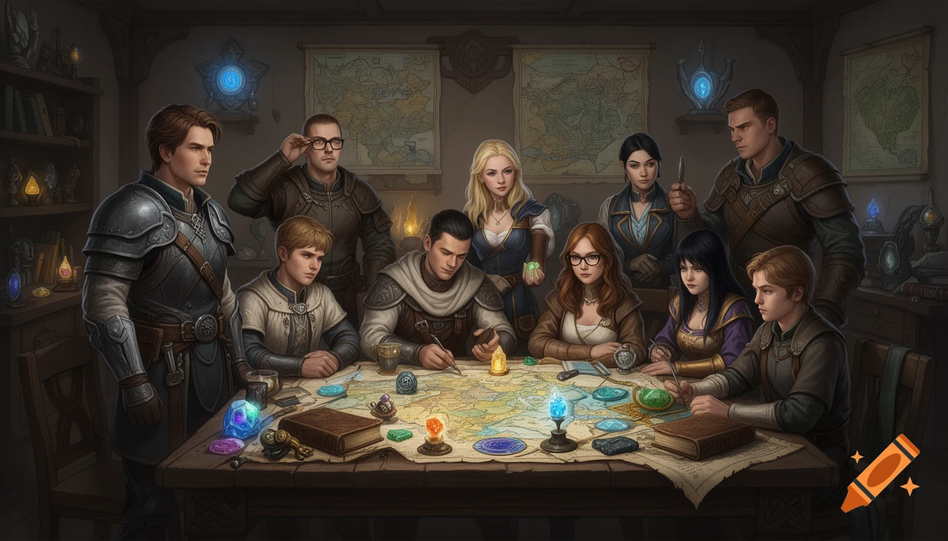 A diverse team of ten fantasy characters in a dimly lit room, gathered around a large map laid on a wooden table, with magic artifacts and books.