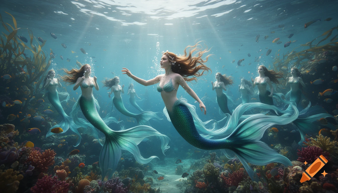 Multiple mermaids with flowing hair and tails swim among colorful coral and fish in a sunlit underwater reef.