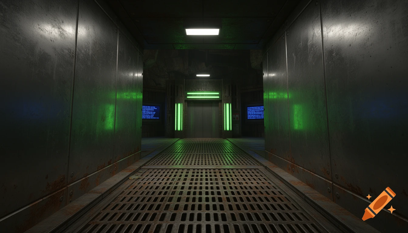 A dark, modern industrial corridor with green neon lights, a gridded floor, and blue data screens on the walls, leading to an elevator.