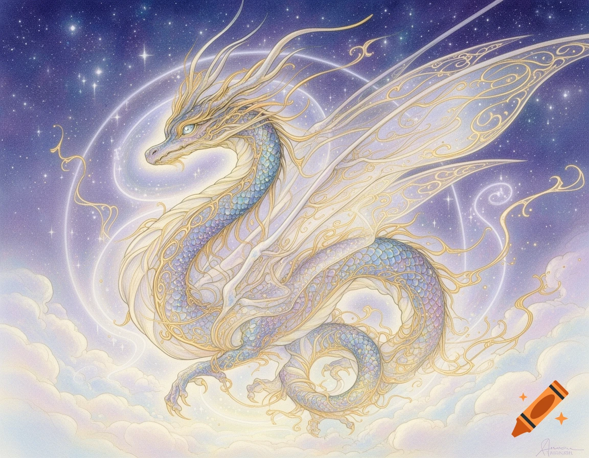 An ethereal, ornate dragon with delicate wings and golden accents floats in a starry pastel sky, in the style of Yoshitaka Amano.