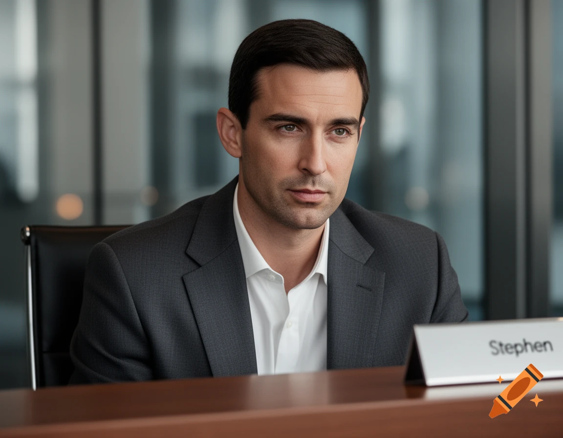 Photorealistic portrait of a serious man in a gray suit and white shirt, sitting at a desk with a 'Stephen' name tag.