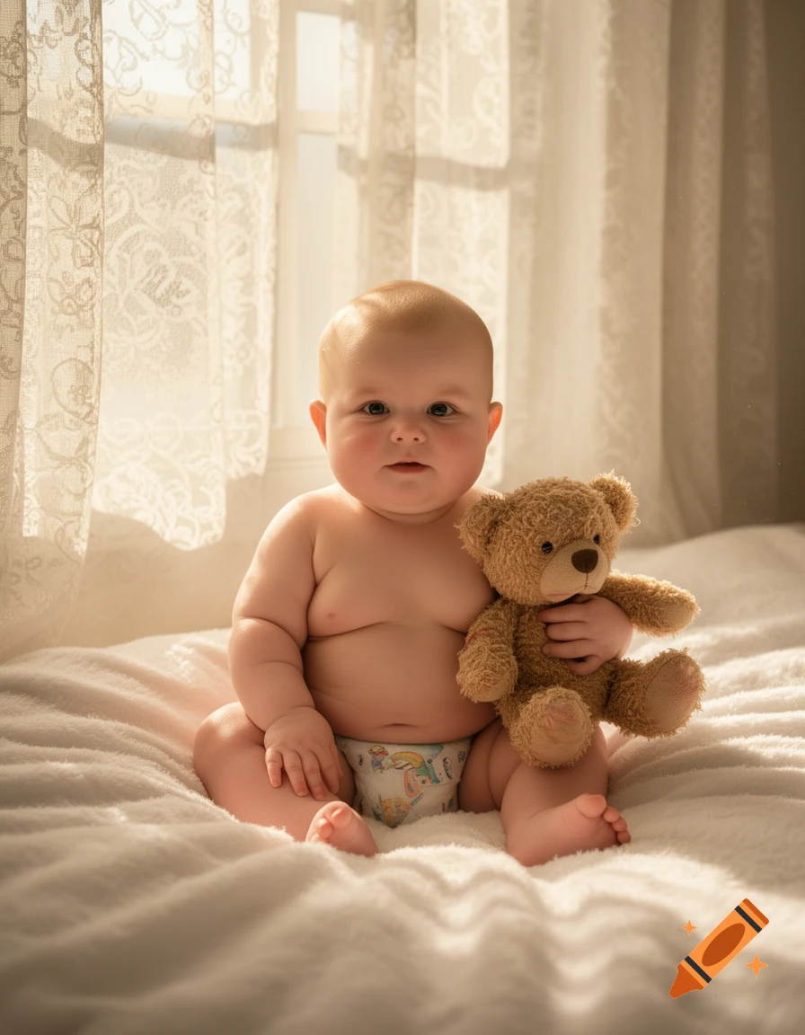 Chubby baby in a diaper sitting on a fluffy white bed, clutching a teddy bear, with golden sunlight through lace curtains.
