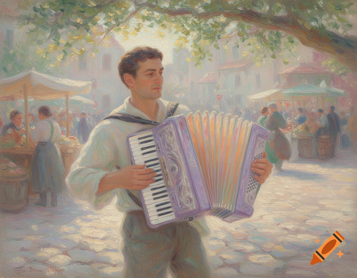 An impressionist painting shows a man playing a purple accordion in a bustling outdoor market under a tree.