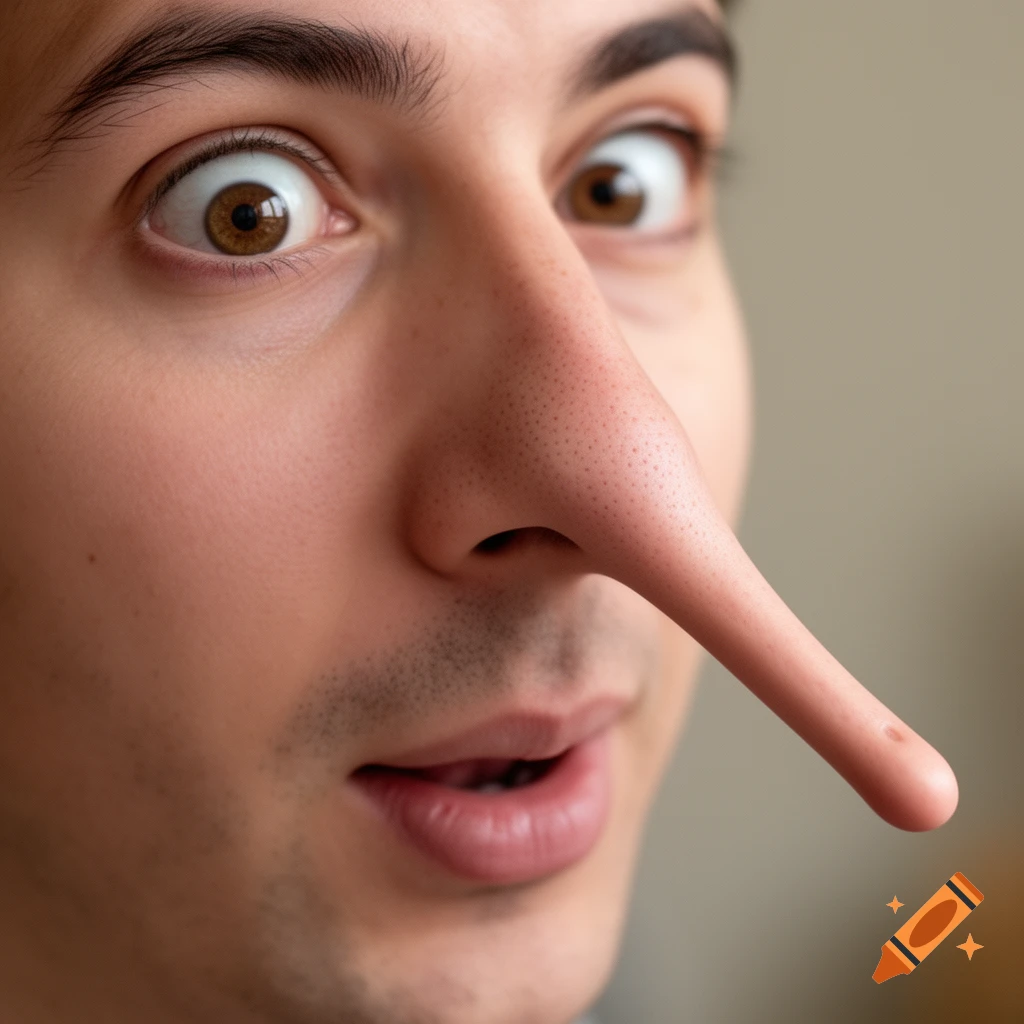 Close-up of a surprised man with wide eyes and a comically long, exaggerated nose, looking forward.