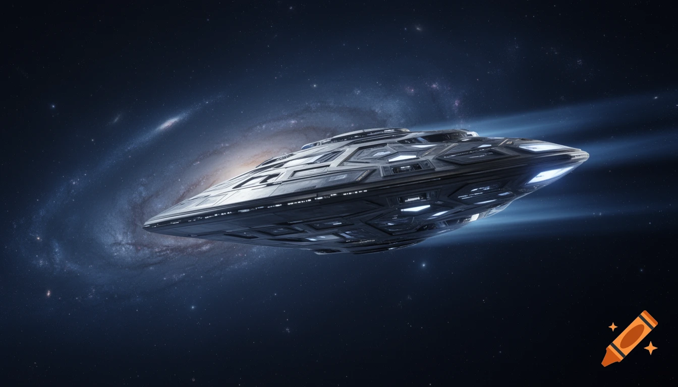 A highly detailed futuristic spaceship with glowing lights flies through deep space, with a large spiral galaxy in the background.