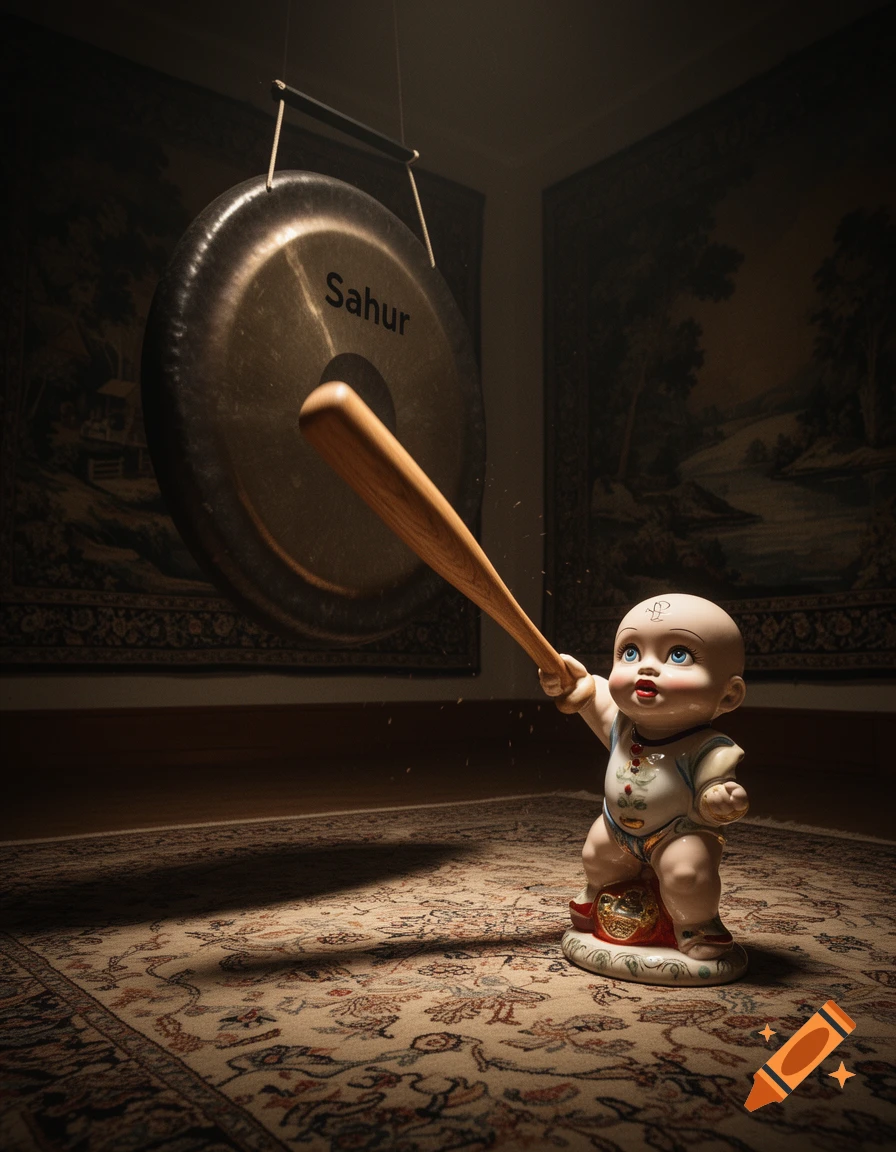 A porcelain baby doll figurine holds a baseball bat, poised to strike a large gong with 'Sahur' written on it, in a dimly lit room with a patterned rug.