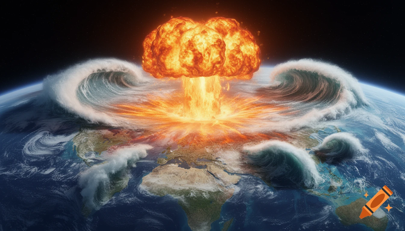 A catastrophic mushroom cloud explosion erupts from Earth, generating massive tsunamis across continents, viewed from space.
