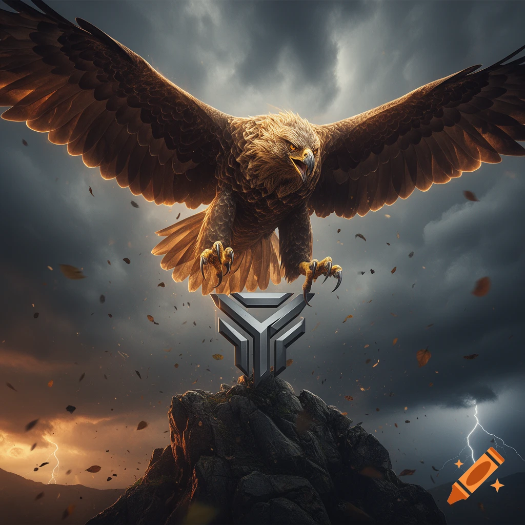 A giant, ferocious eagle with golden eyes dives towards a metallic, geometric logo atop a rocky peak under a stormy, lightning-filled sky.
