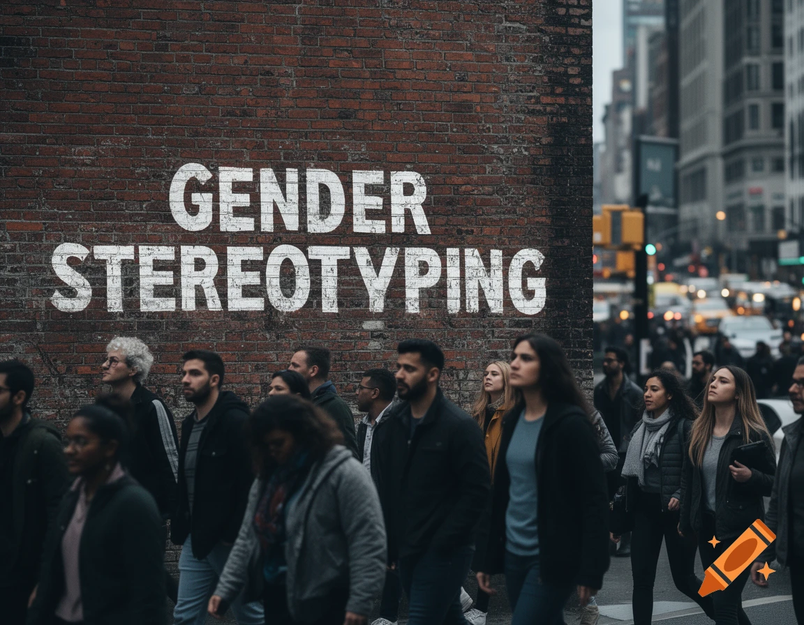 A diverse crowd walks past a brick wall with "GENDER STEREOTYPING" painted on it in a busy city street.