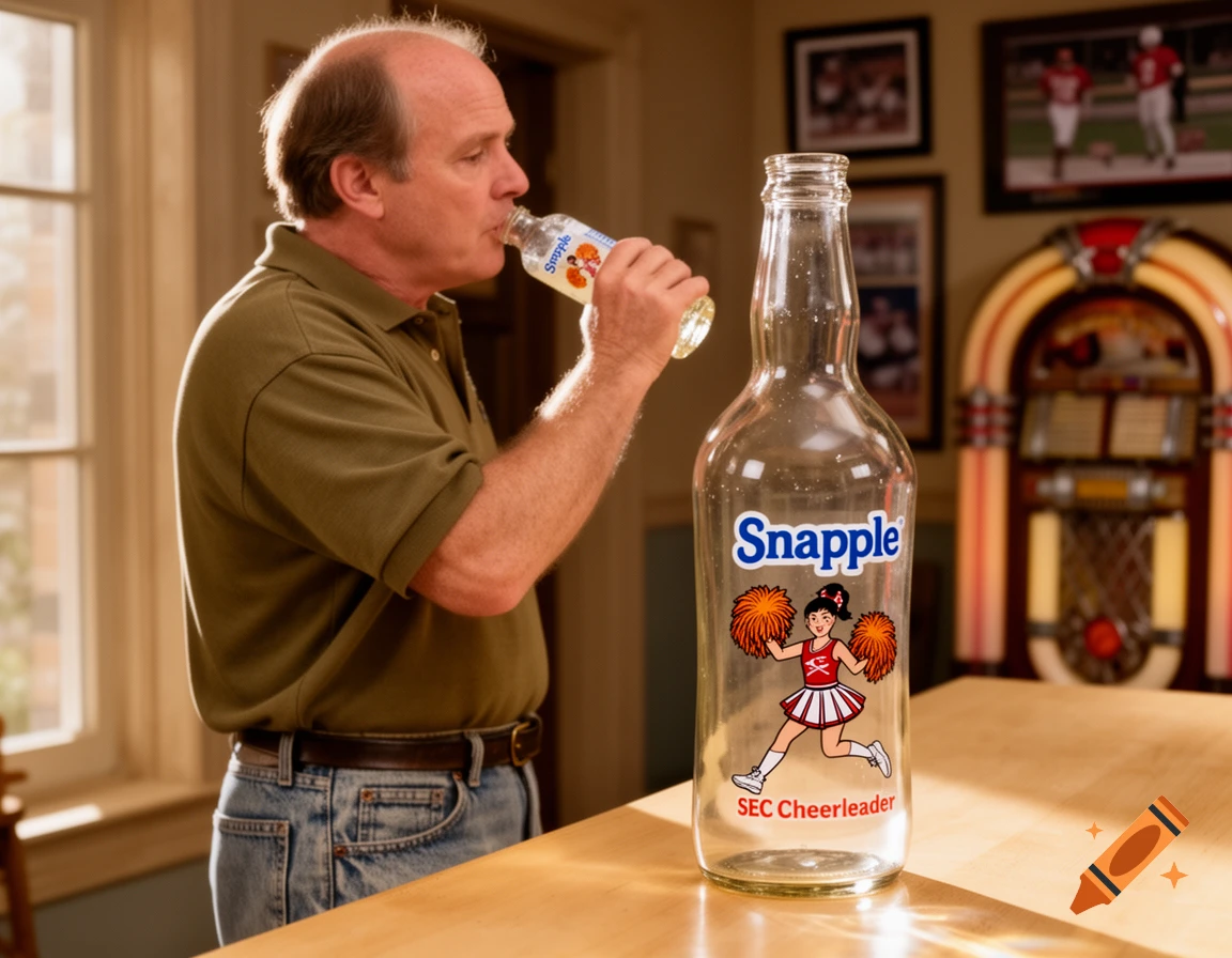 A balding man drinks from a small Snapple bottle while standing next to a large Snapple bottle with an 'SEC Cheerleader' label.
