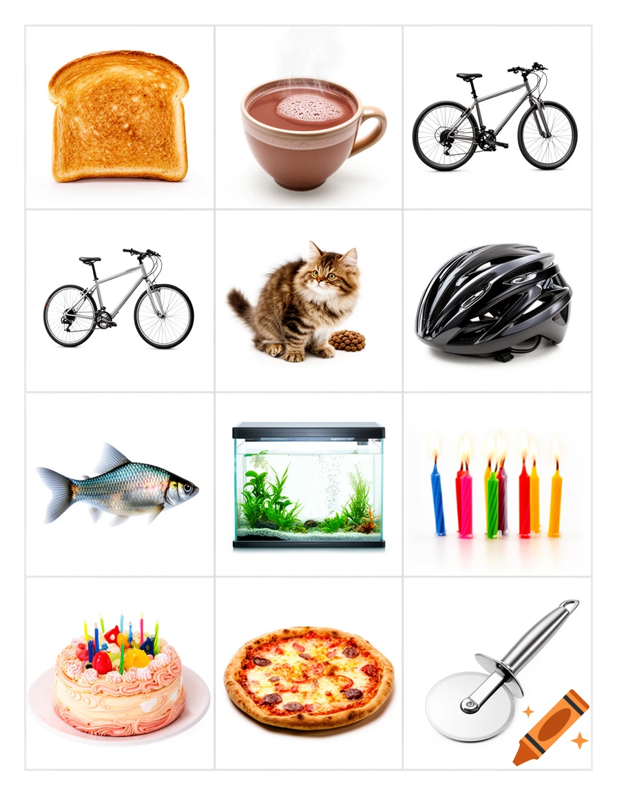 A grid of twelve realistic photos on a white background, featuring a slice of toast, a cup of hot chocolate, two bicycles, a kitten, a bicycle helmet, a fish, an aquarium, a birthday cake, colorful birthday candles, a pizza, and a pizza cutter.