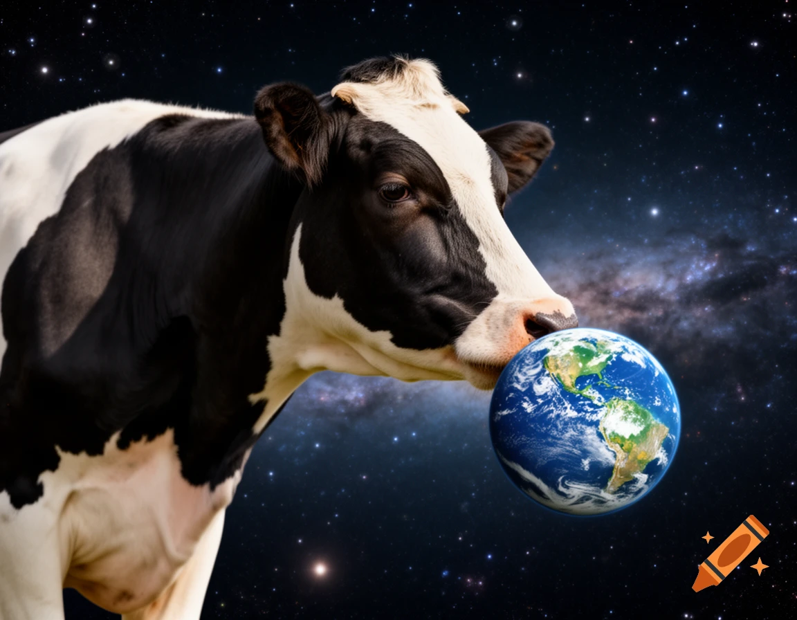 A photorealistic black and white cow gently sniffs the planet Earth against a starry cosmic background.
