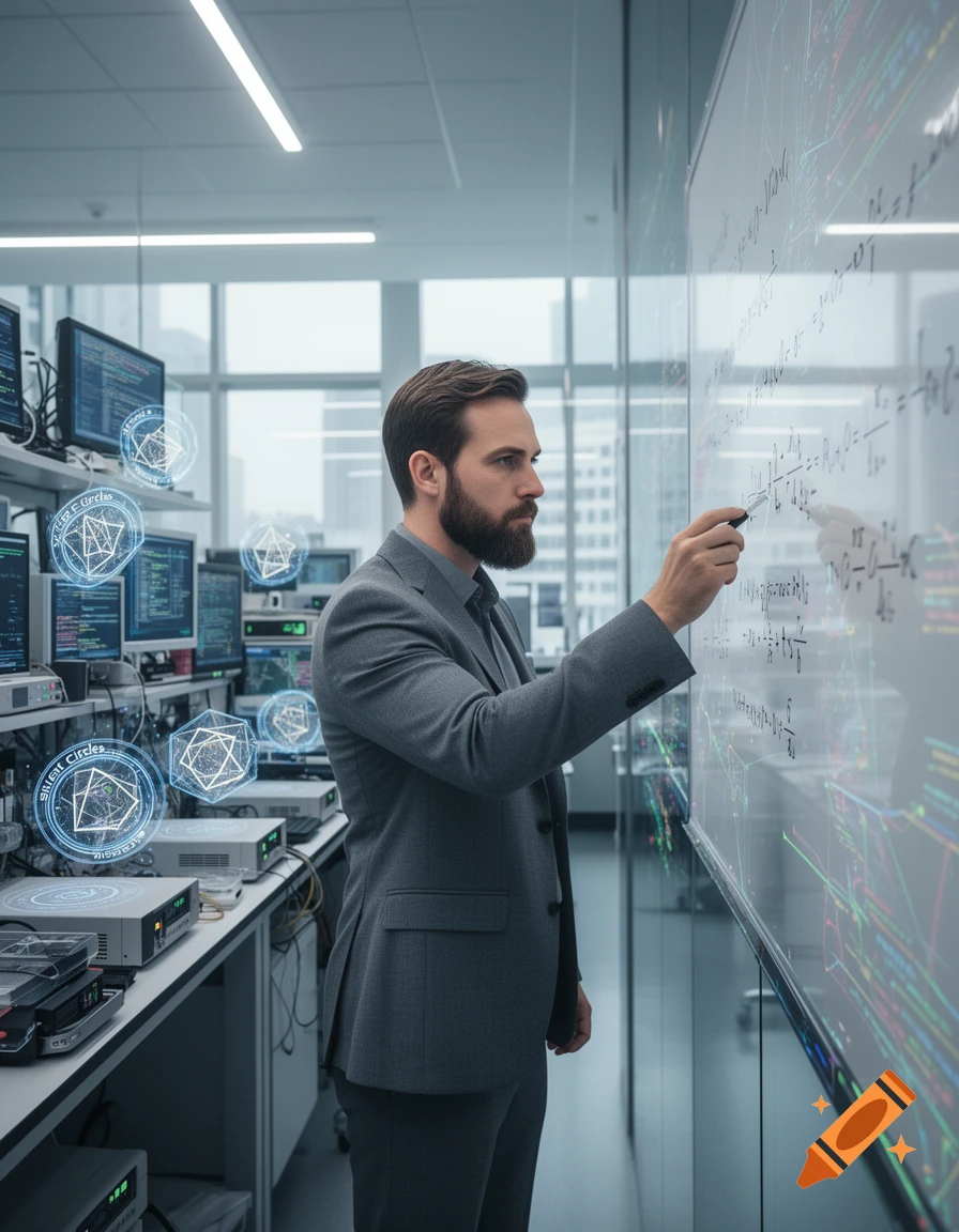 A bearded man in a suit writes on a transparent digital whiteboard in a high-tech lab with glowing holographic elements.