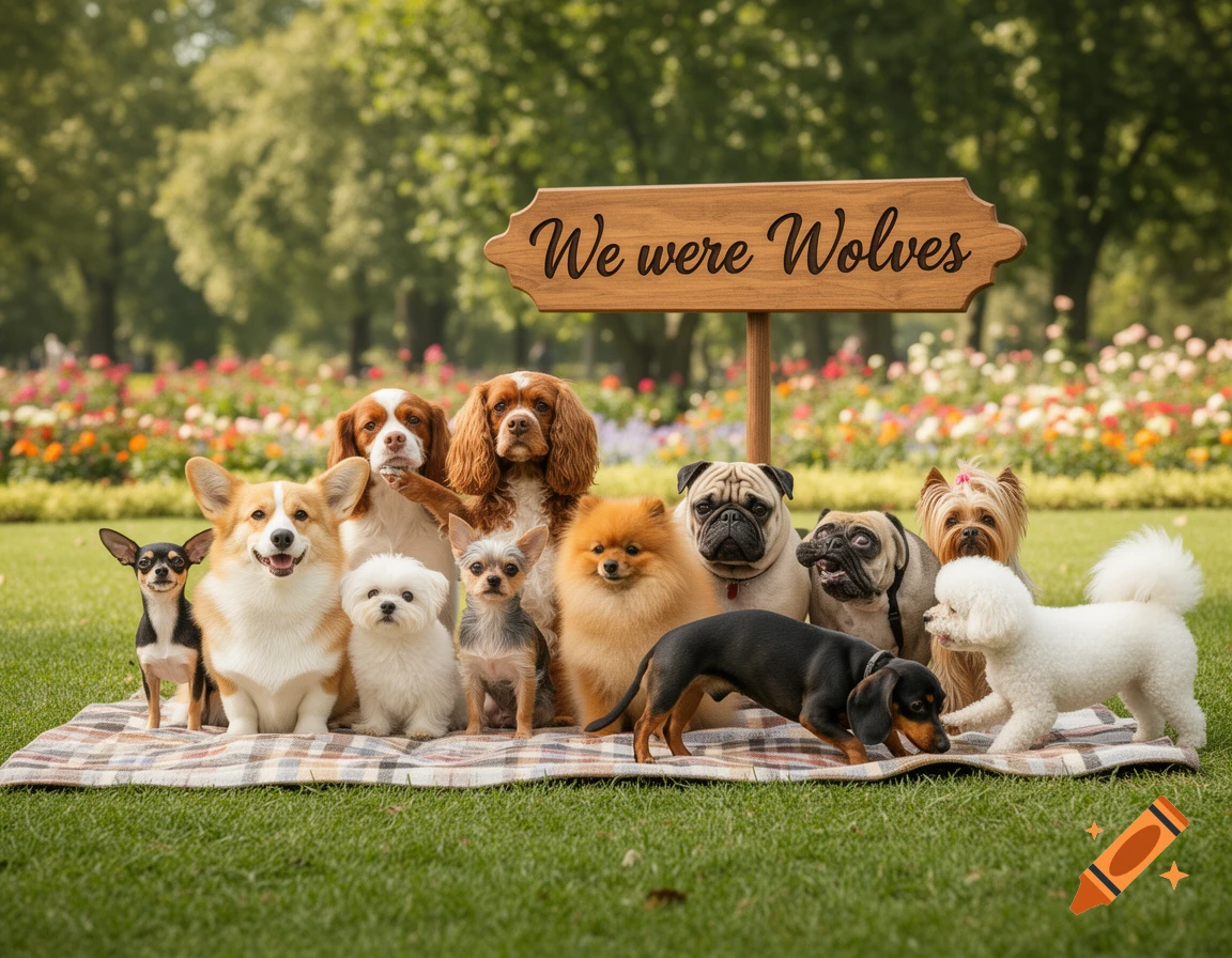 A diverse group of dog breeds, including a Corgi and a Dachshund, sit on a blanket in a park with a sign 'We were Wolves'. This is a photorealistic image.