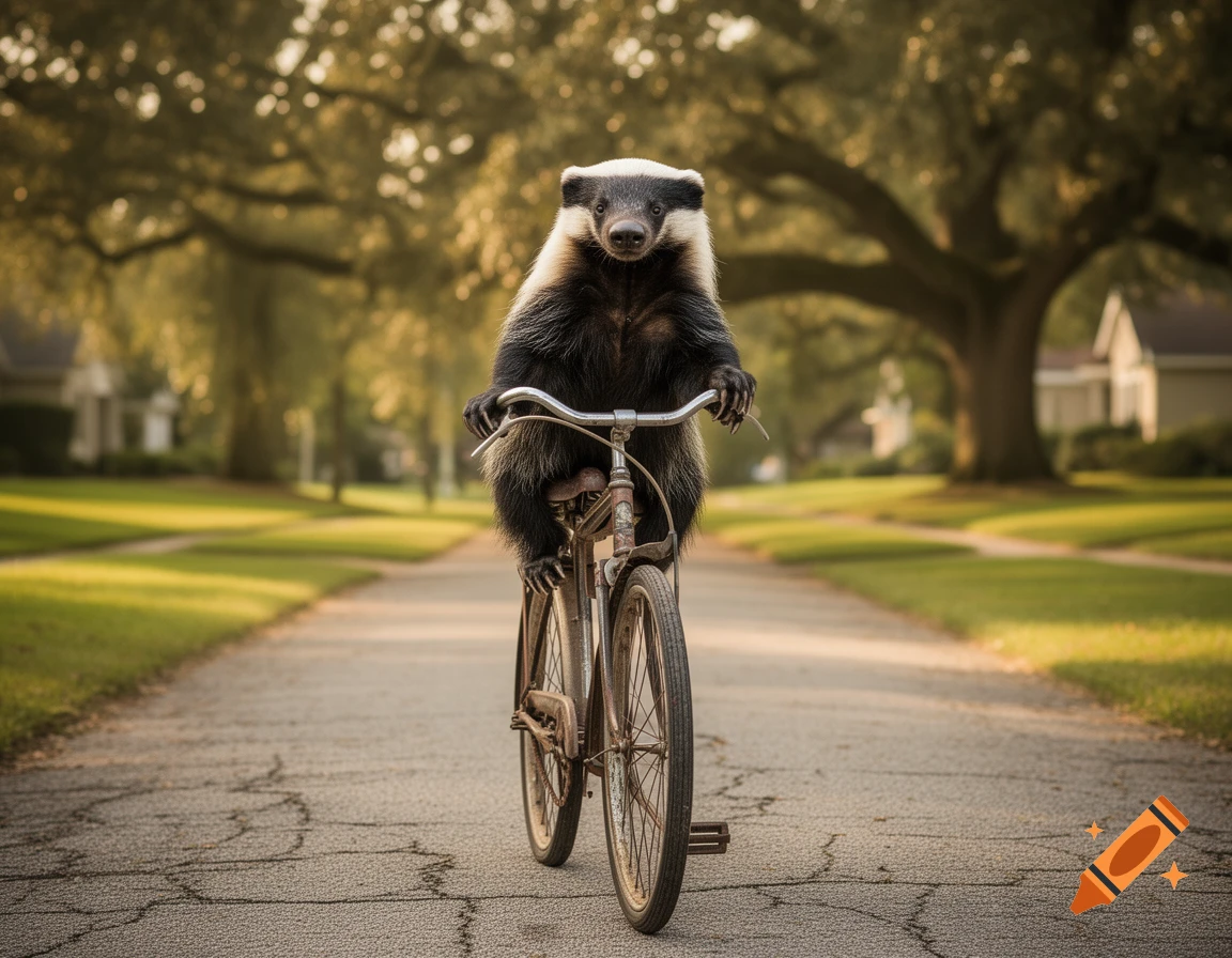 A photorealistic honey badger rides a man's bicycle down a tree-lined residential street.