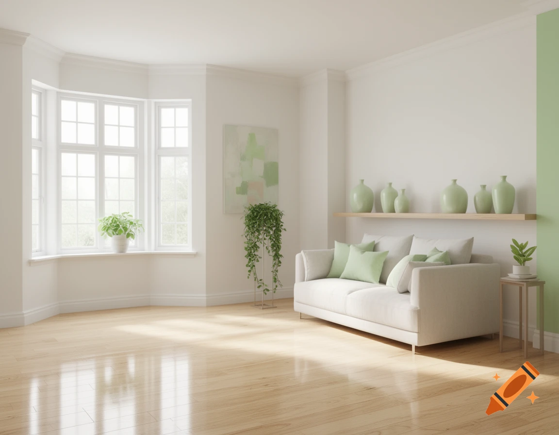 Bright, modern living room with a white sofa, bay window, light wood floors, and pastel green accents on pillows, vases, and a wall.