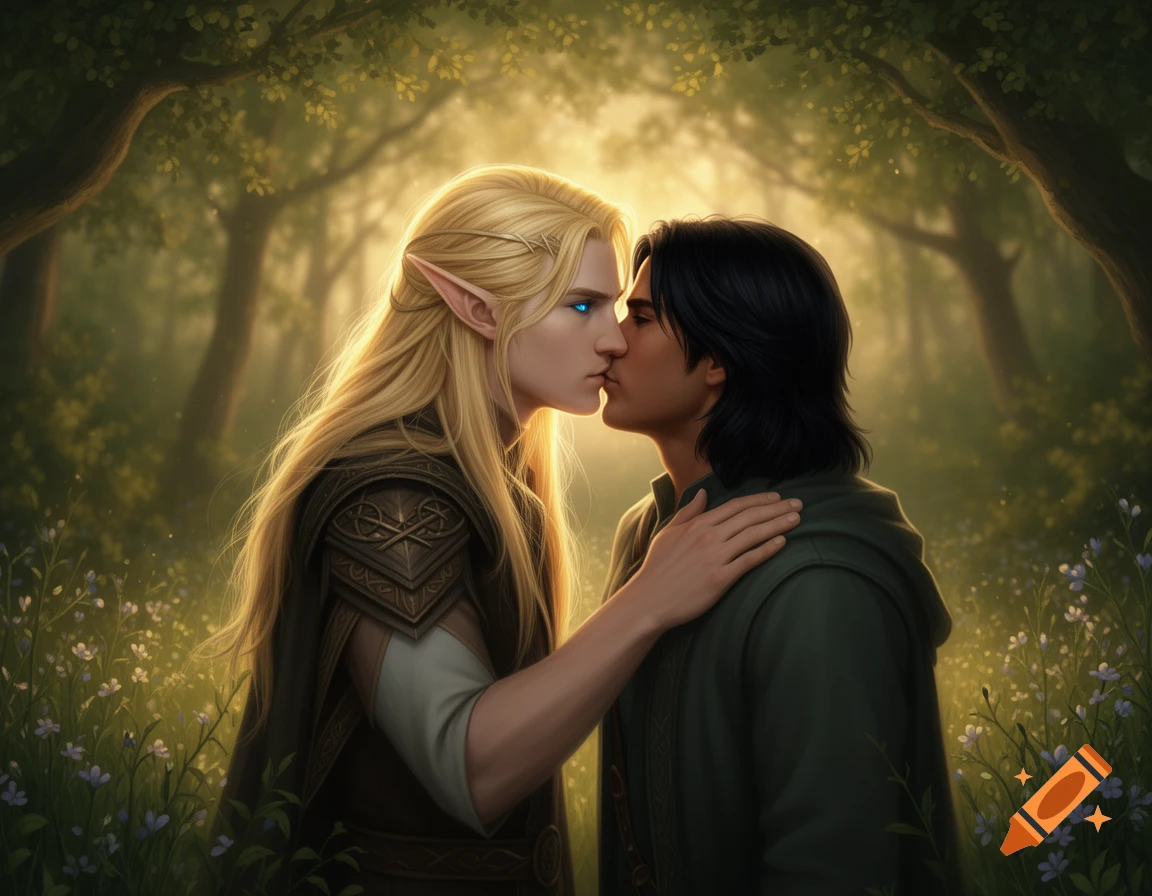 A blonde elf with blue eyes and a human with black hair are kissing in a sun-dappled forest, digital art.