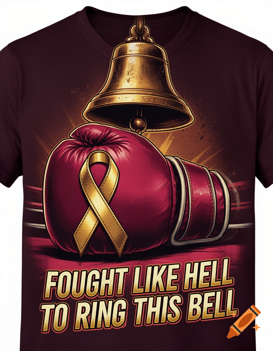 A maroon t-shirt featuring a golden bell above a red boxing glove with a gold cancer ribbon, and the text 'FOUGHT LIKE HELL TO RING THIS BELL'.