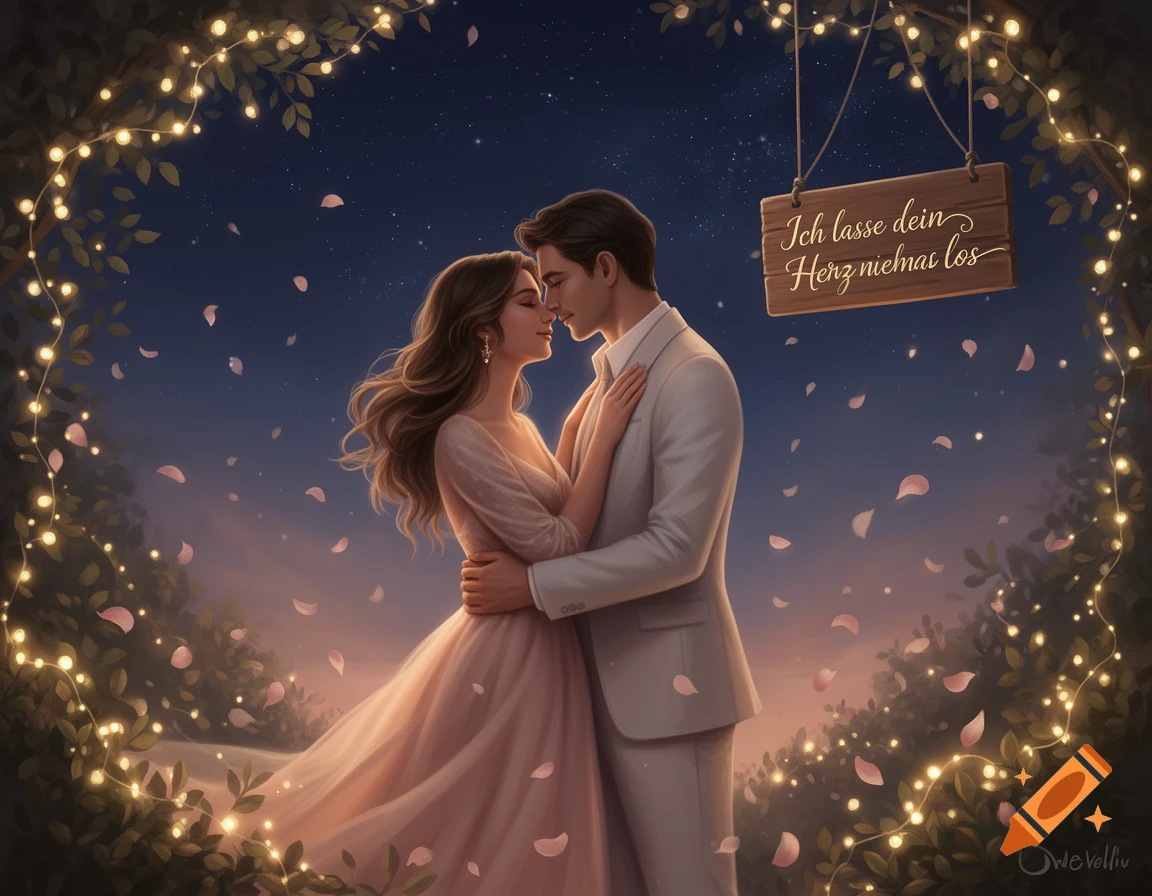 A romantic couple embraces under a starlit sky with glowing fairy lights and falling rose petals. A sign reads 'Ich lasse dein Herz niemals los'.
