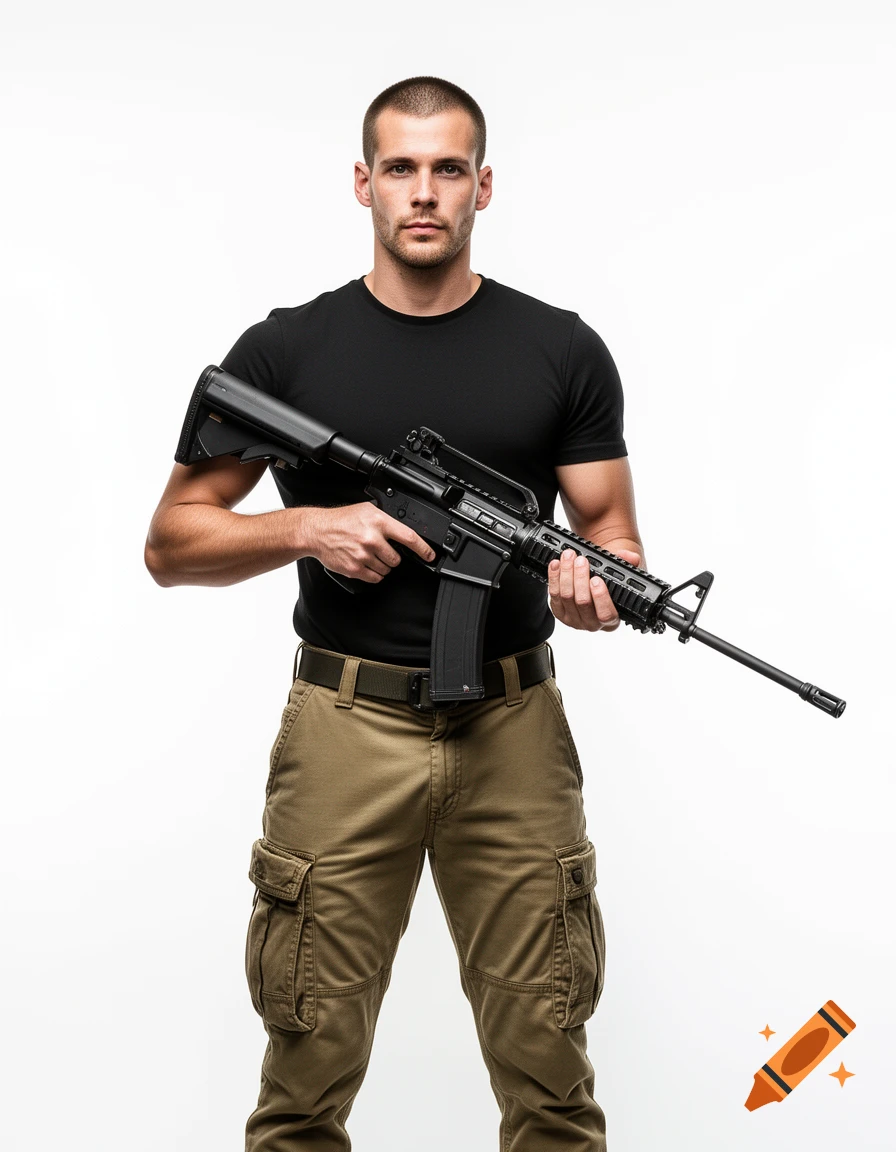 A photorealistic image of a man in a black t-shirt and khaki cargo pants, standing with an assault rifle on a white background.