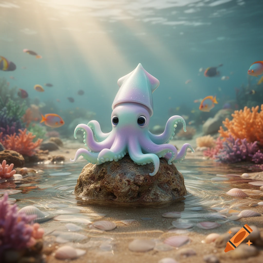 A cute, pastel-colored cartoon squid sits on a rock in a sunlit underwater reef surrounded by fish and coral.