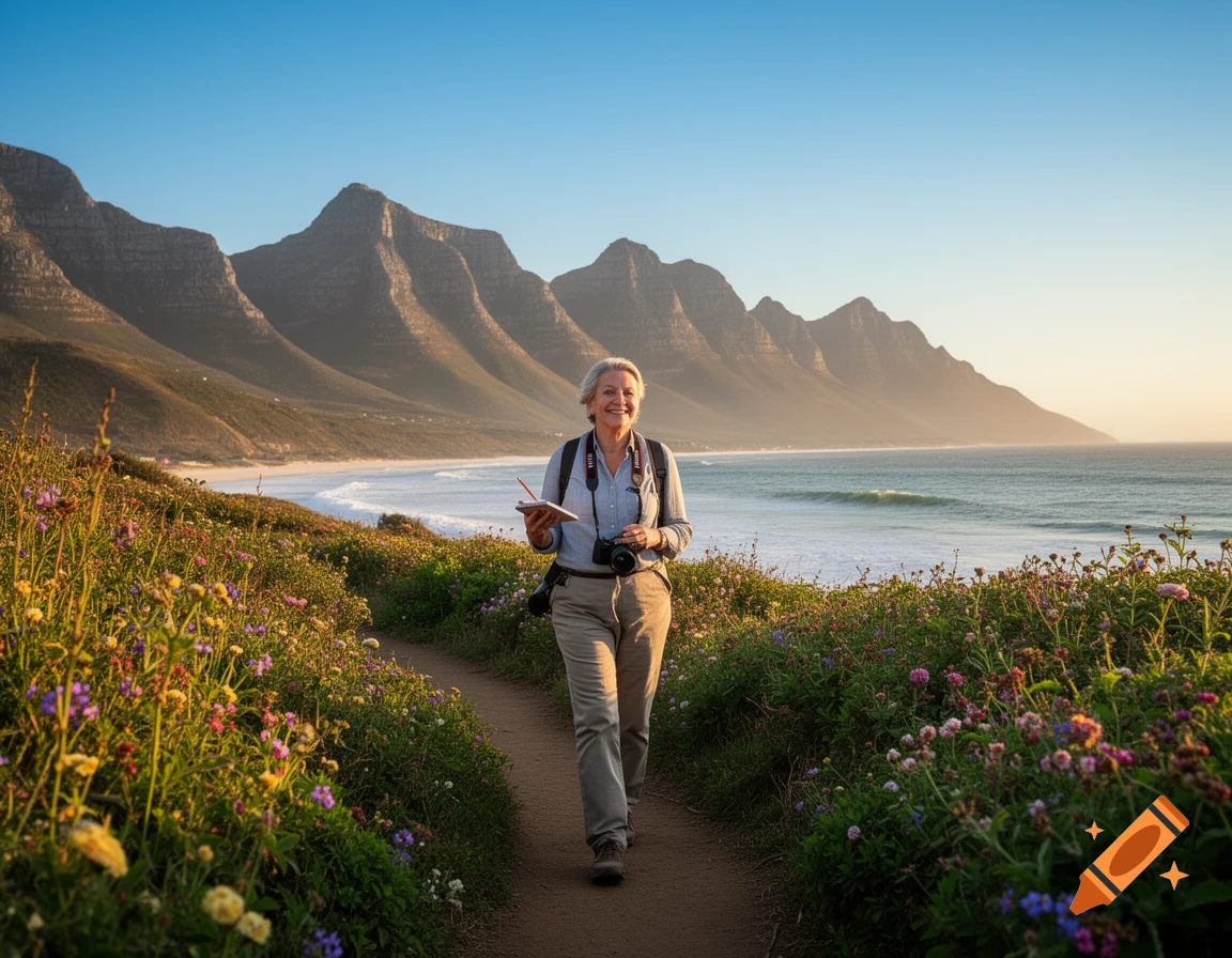 An older woman smiles while hiking on a trail along a scenic coastline with mountains and wildflowers at sunset.