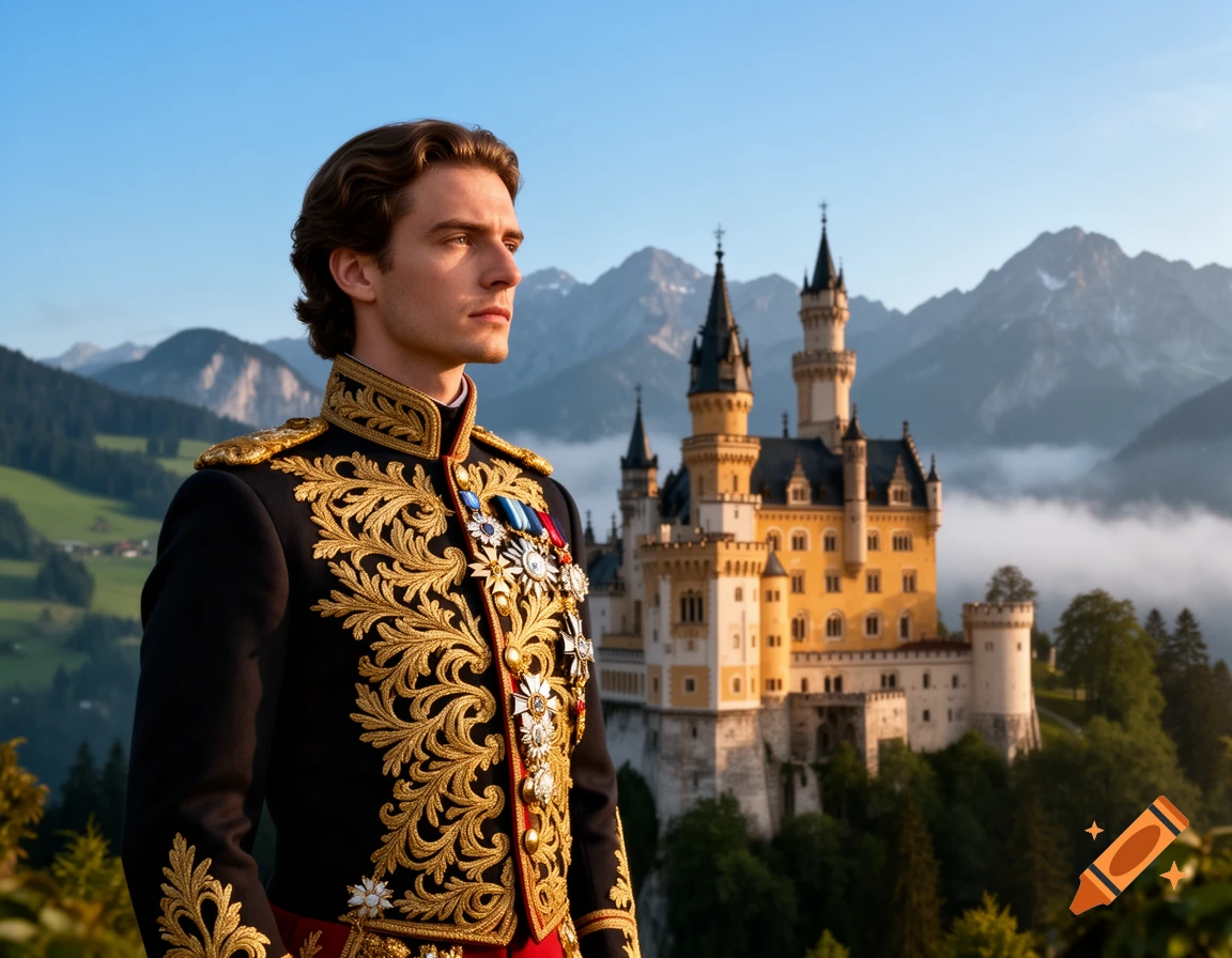 Photorealistic portrait of a man in an ornate historical uniform, looking right, with a fantastical castle and misty mountains in the background.